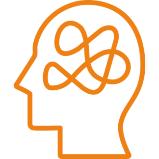 Head outline with abstract orange lines.