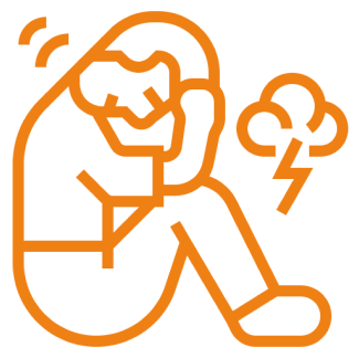 Person sitting, cloud with lightning bolt.