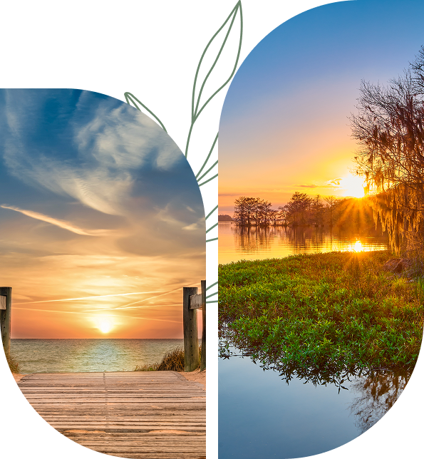 Split landscape: ocean sunset and river sunrise.