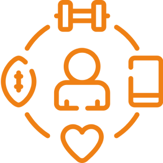 Person with sports, health, and phone icons.