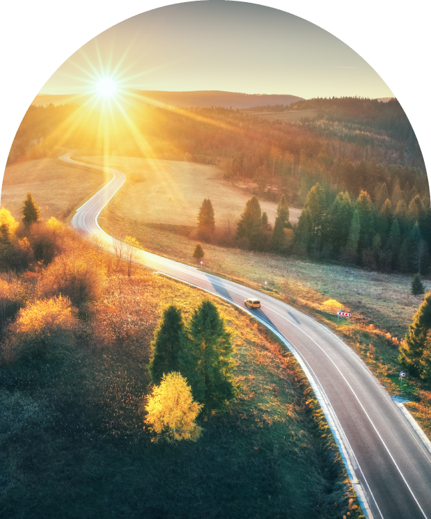 A road going through the middle of nowhere with trees and sun shining in the background.